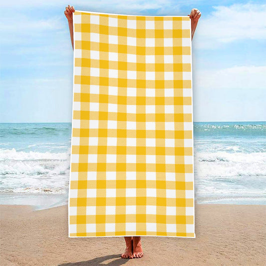 Canary Yellow And White Gingham Print Beach Towel