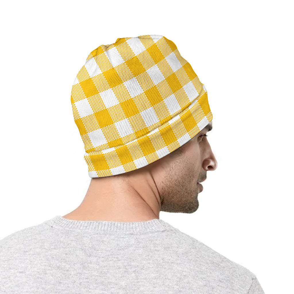 Canary Yellow And White Gingham Print Beanie