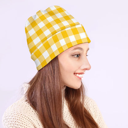 Canary Yellow And White Gingham Print Beanie