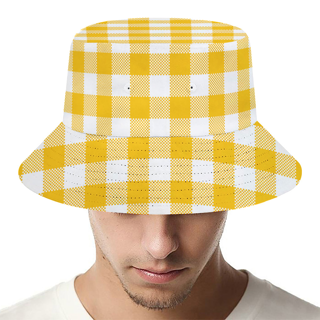 Canary Yellow And White Gingham Print Bucket Hat
