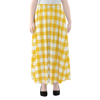 Canary Yellow And White Gingham Print Chiffon Maxi Skirt