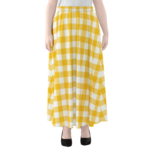 Canary Yellow And White Gingham Print Chiffon Maxi Skirt