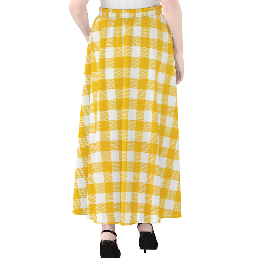 Canary Yellow And White Gingham Print Chiffon Maxi Skirt