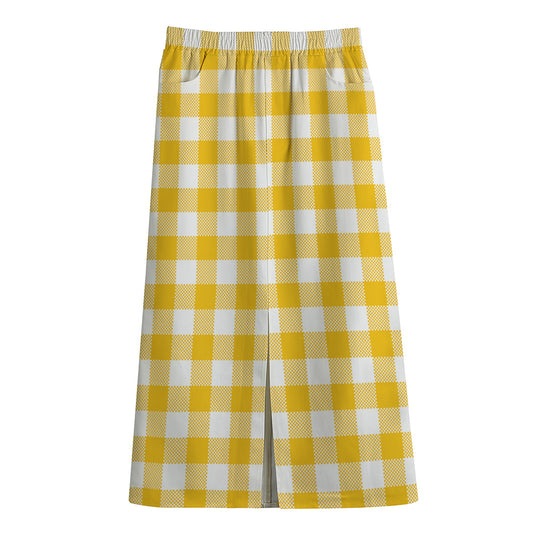 Canary Yellow And White Gingham Print Cotton Front Slit Maxi Skirt