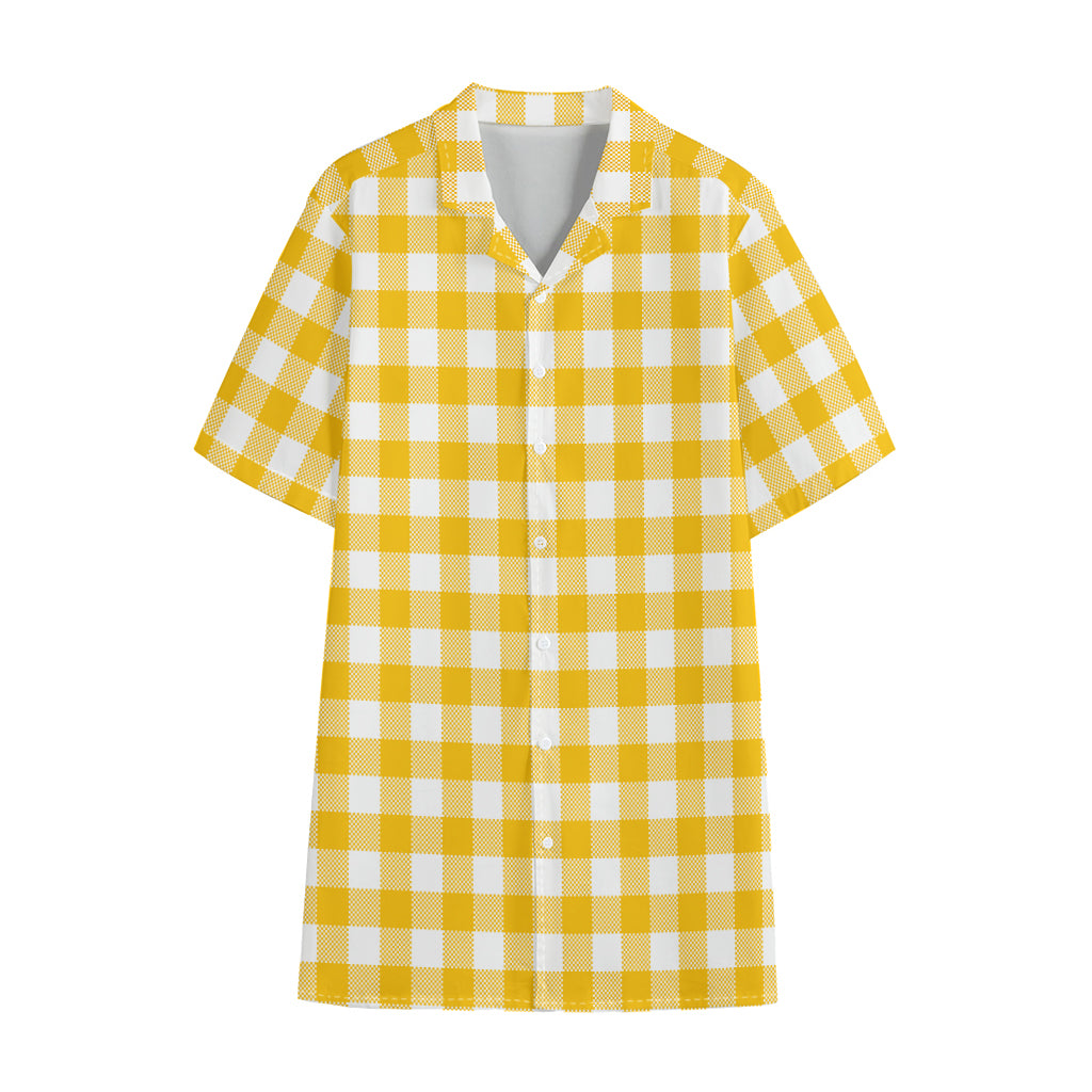 Canary Yellow And White Gingham Print Cotton Hawaiian Shirt