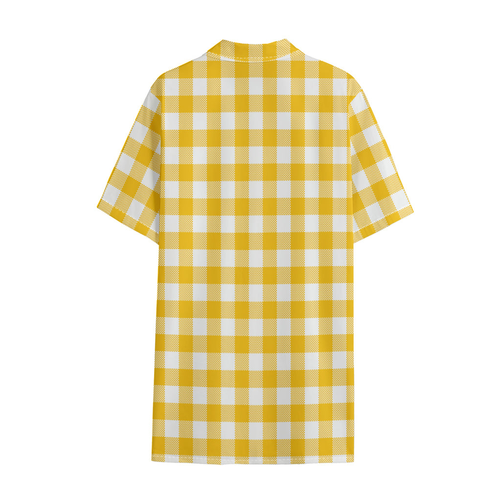 Canary Yellow And White Gingham Print Cotton Hawaiian Shirt