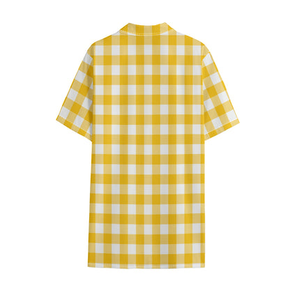 Canary Yellow And White Gingham Print Cotton Hawaiian Shirt