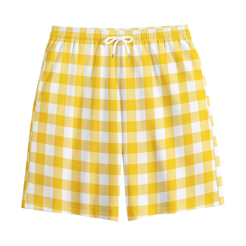 Canary Yellow And White Gingham Print Cotton Shorts