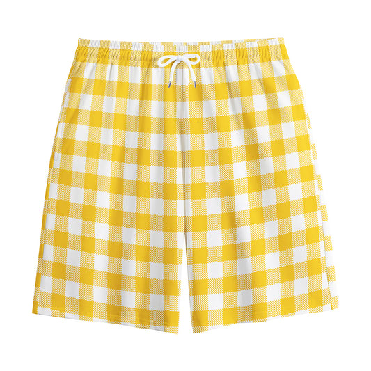 Canary Yellow And White Gingham Print Cotton Shorts