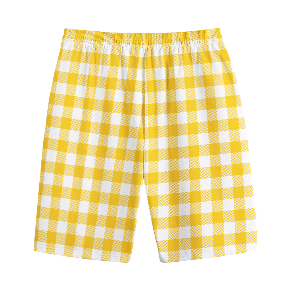 Canary Yellow And White Gingham Print Cotton Shorts