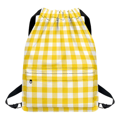 Canary Yellow And White Gingham Print Drawstring Backpack