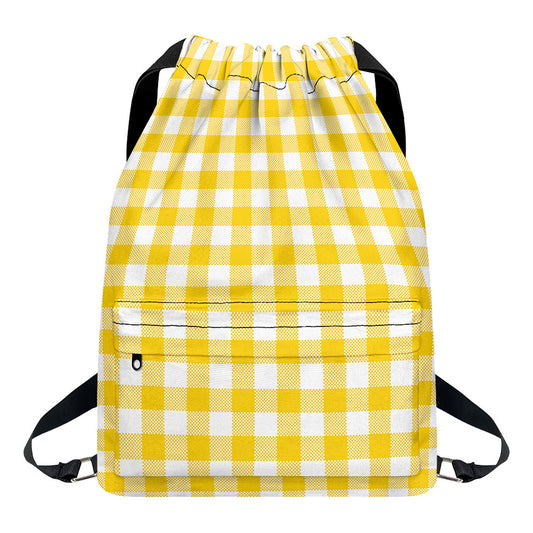 Canary Yellow And White Gingham Print Drawstring Backpack