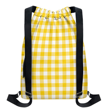 Canary Yellow And White Gingham Print Drawstring Backpack