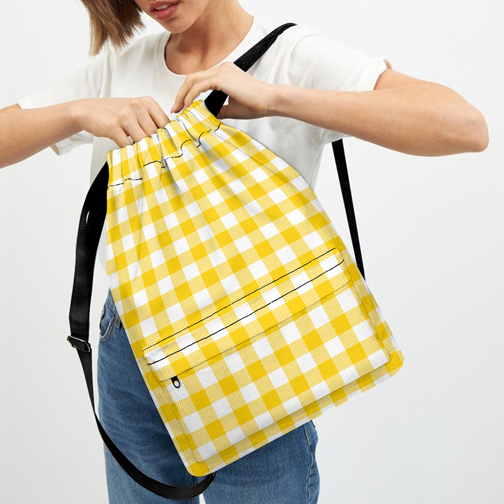 Canary Yellow And White Gingham Print Drawstring Backpack