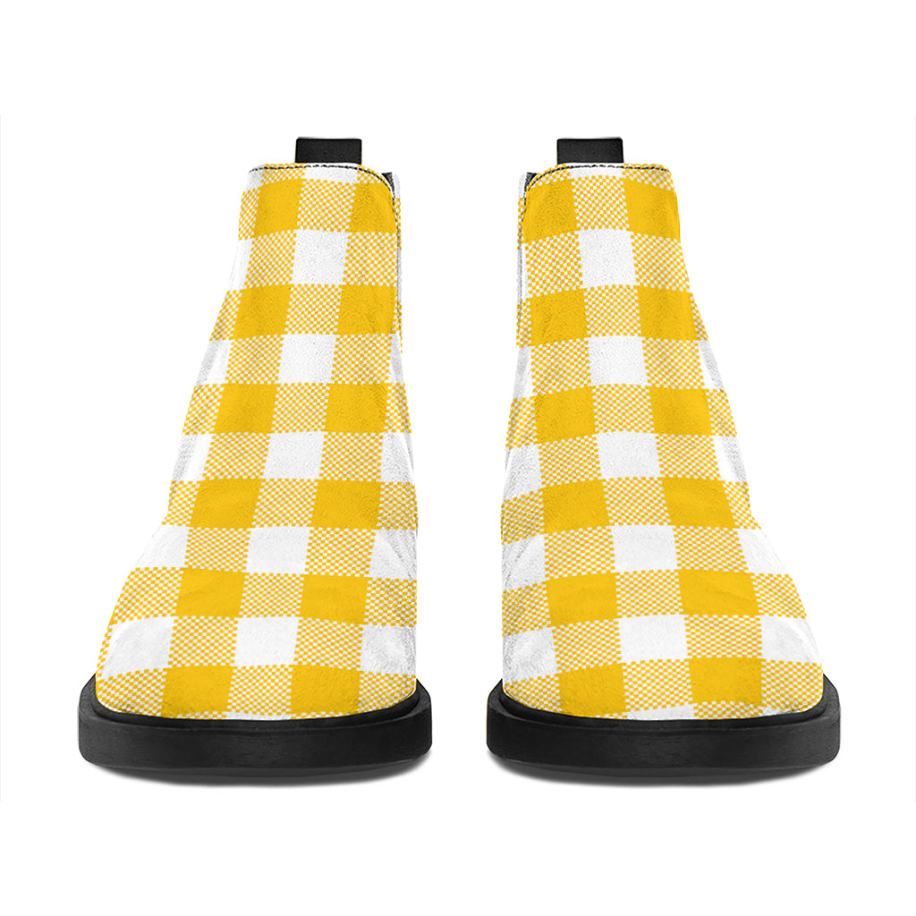 Canary Yellow And White Gingham Print Flat Ankle Boots