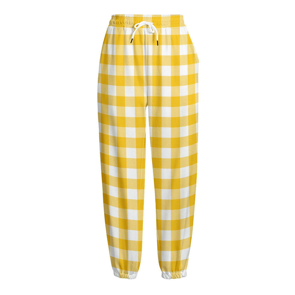 Canary Yellow And White Gingham Print Fleece Lined Knit Pants