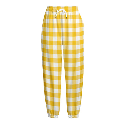 Canary Yellow And White Gingham Print Fleece Lined Knit Pants