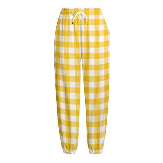 Canary Yellow And White Gingham Print Fleece Lined Knit Pants