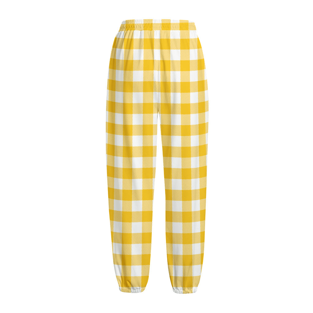 Canary Yellow And White Gingham Print Fleece Lined Knit Pants