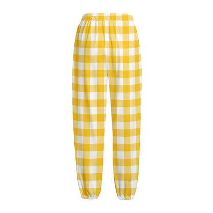 Canary Yellow And White Gingham Print Fleece Lined Knit Pants