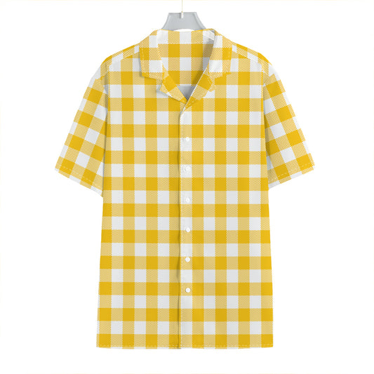 Canary Yellow And White Gingham Print Hawaiian Shirt