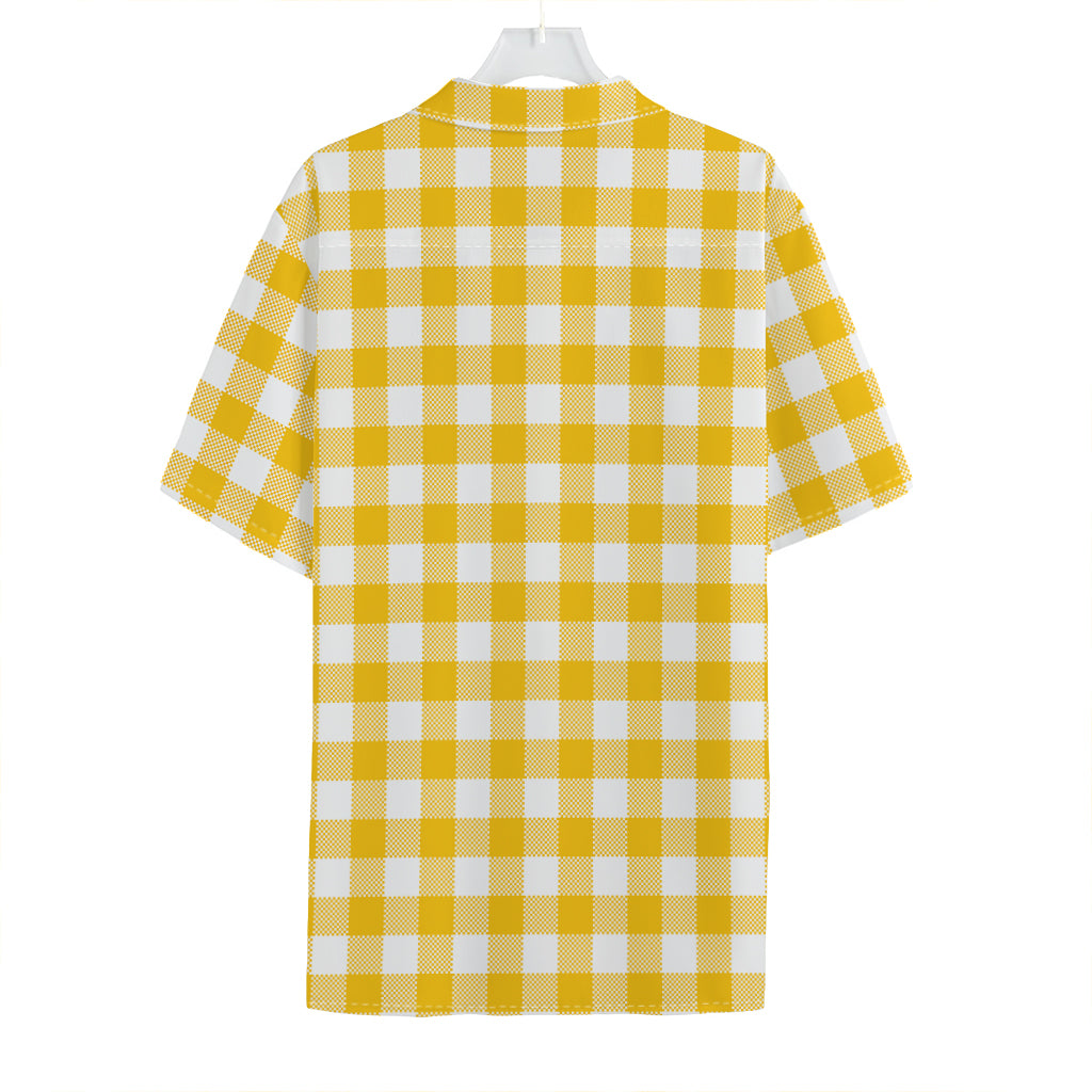 Canary Yellow And White Gingham Print Hawaiian Shirt