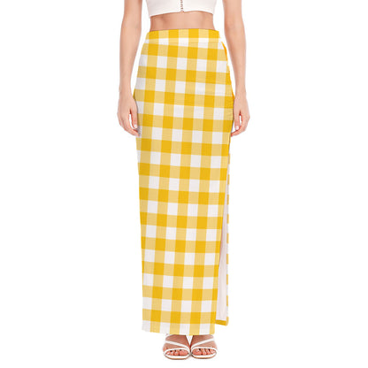 Canary Yellow And White Gingham Print High Slit Maxi Skirt