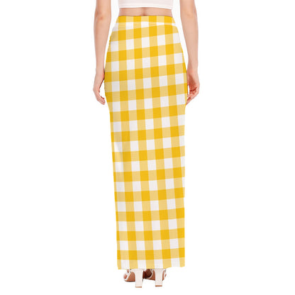 Canary Yellow And White Gingham Print High Slit Maxi Skirt