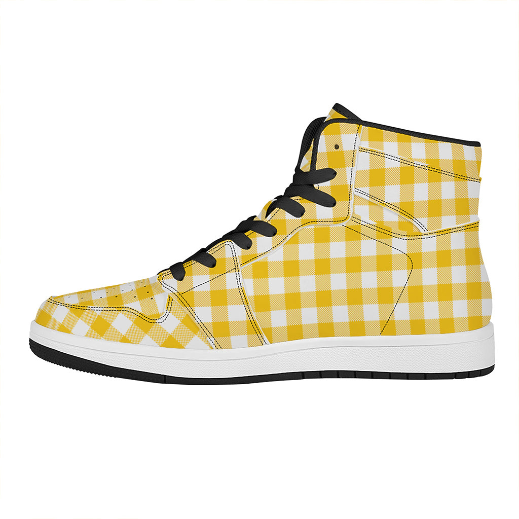 Canary Yellow And White Gingham Print High Top Leather Sneakers