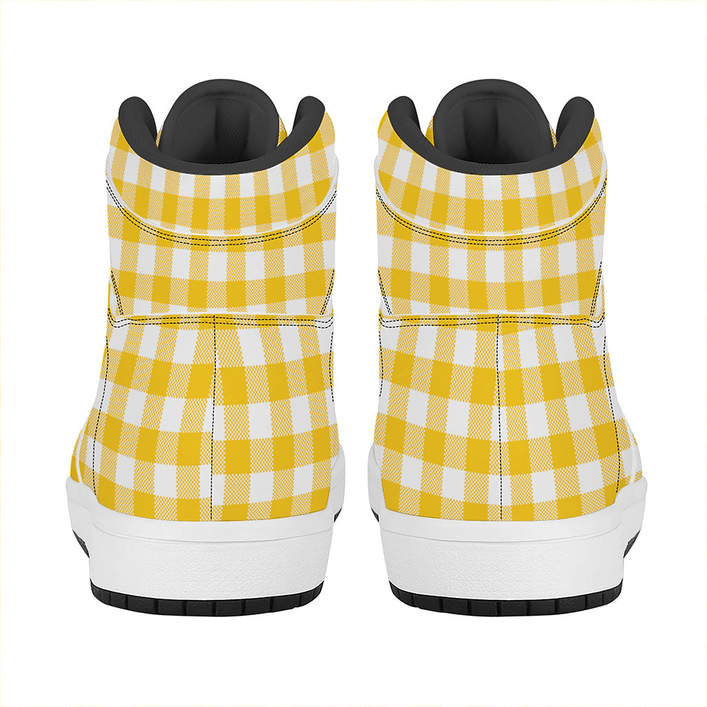 Canary Yellow And White Gingham Print High Top Leather Sneakers