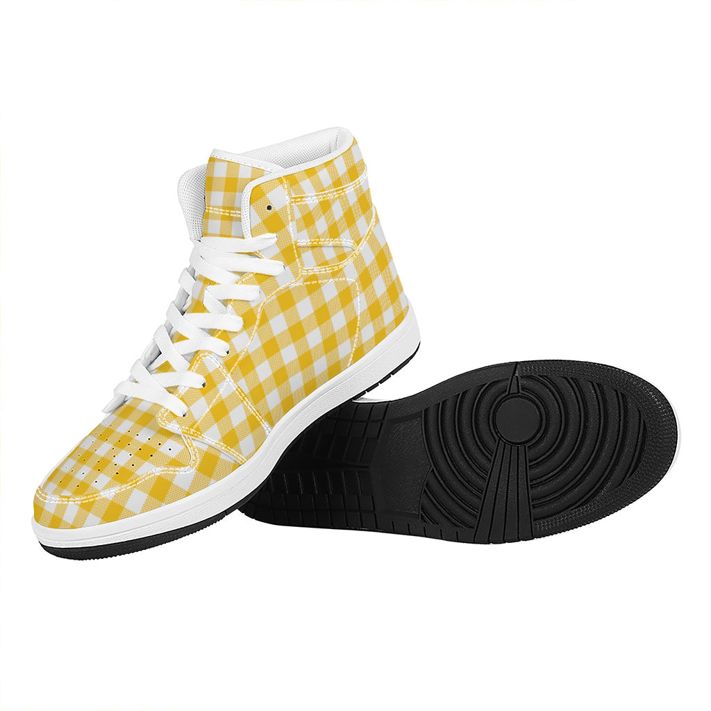 Canary Yellow And White Gingham Print High Top Leather Sneakers