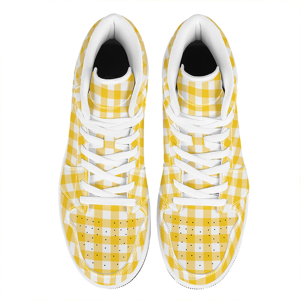 Canary Yellow And White Gingham Print High Top Leather Sneakers