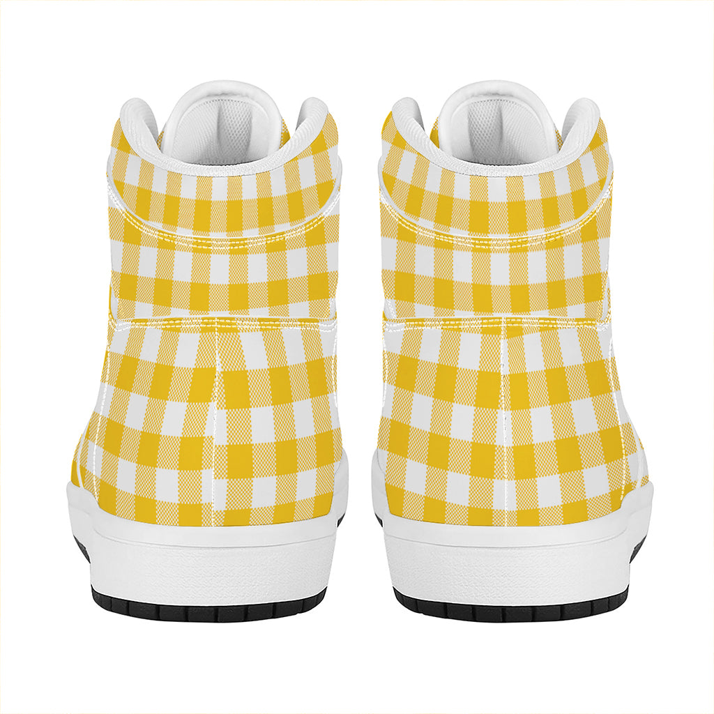Canary Yellow And White Gingham Print High Top Leather Sneakers