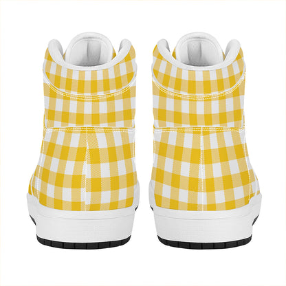 Canary Yellow And White Gingham Print High Top Leather Sneakers