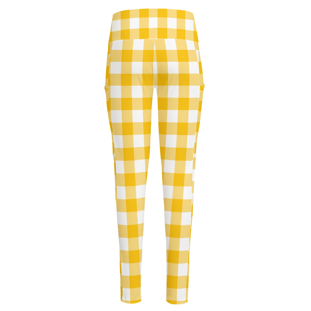 Canary Yellow And White Gingham Print High-Waisted Pocket Leggings
