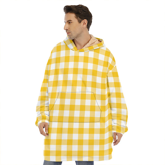 Canary Yellow And White Gingham Print Hoodie Blanket