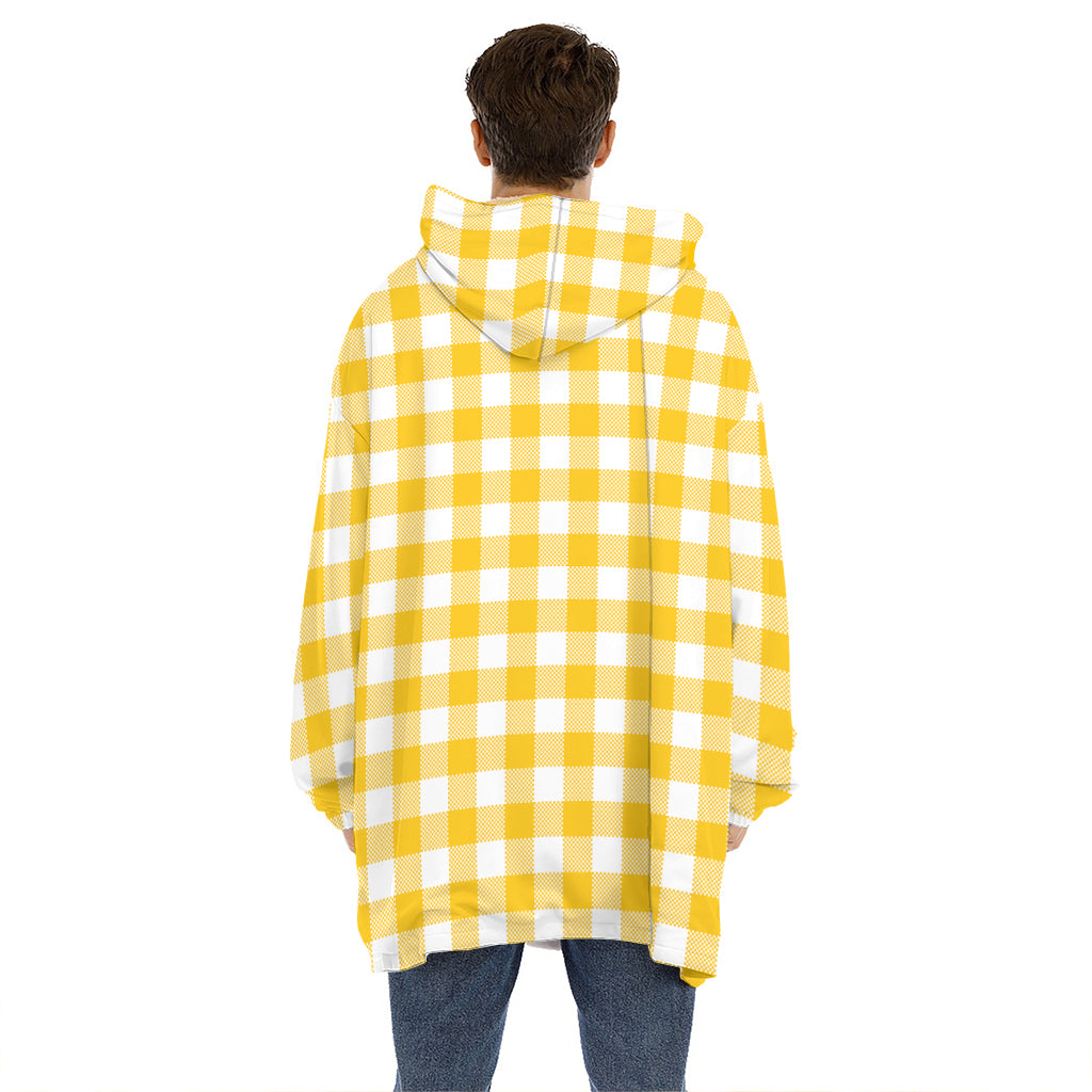 Canary Yellow And White Gingham Print Hoodie Blanket