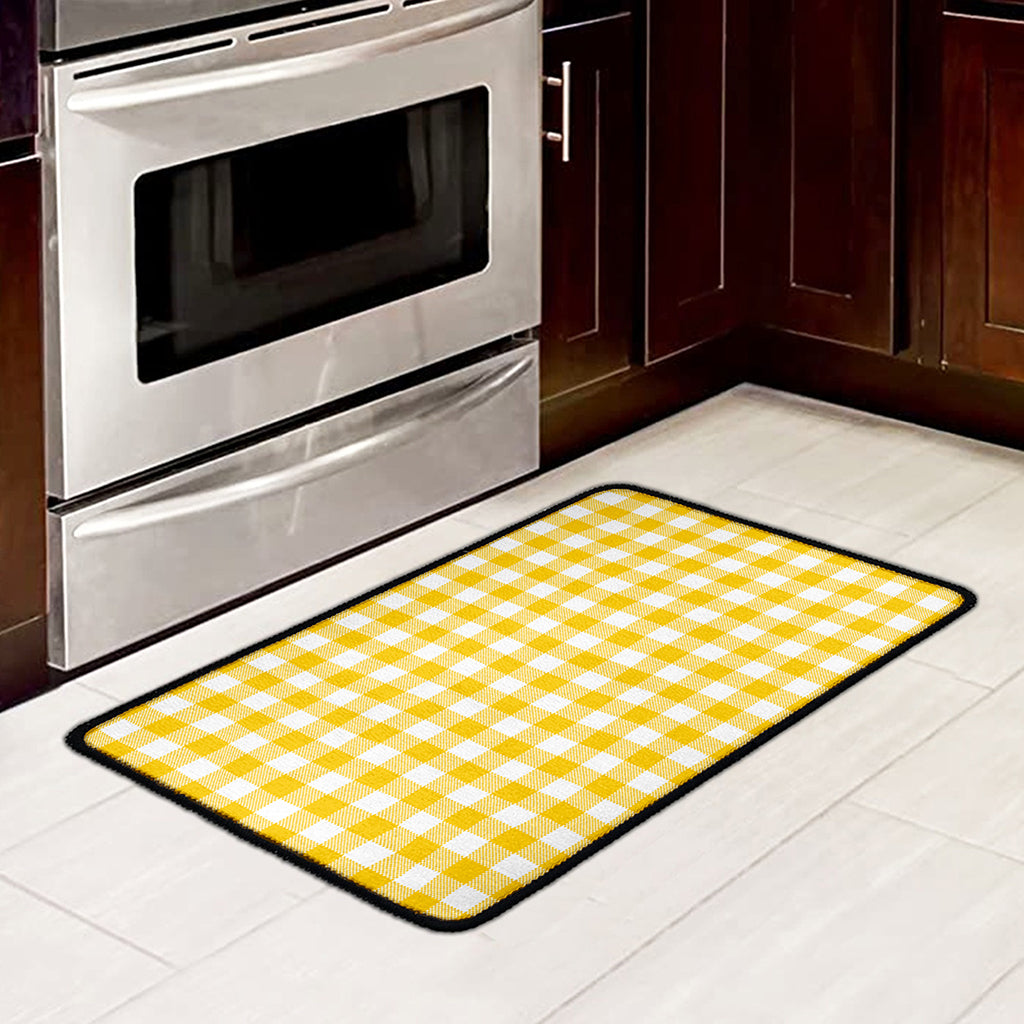 Canary Yellow And White Gingham Print Kitchen Mat