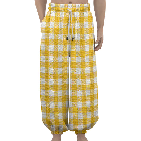 Canary Yellow And White Gingham Print Lantern Pants