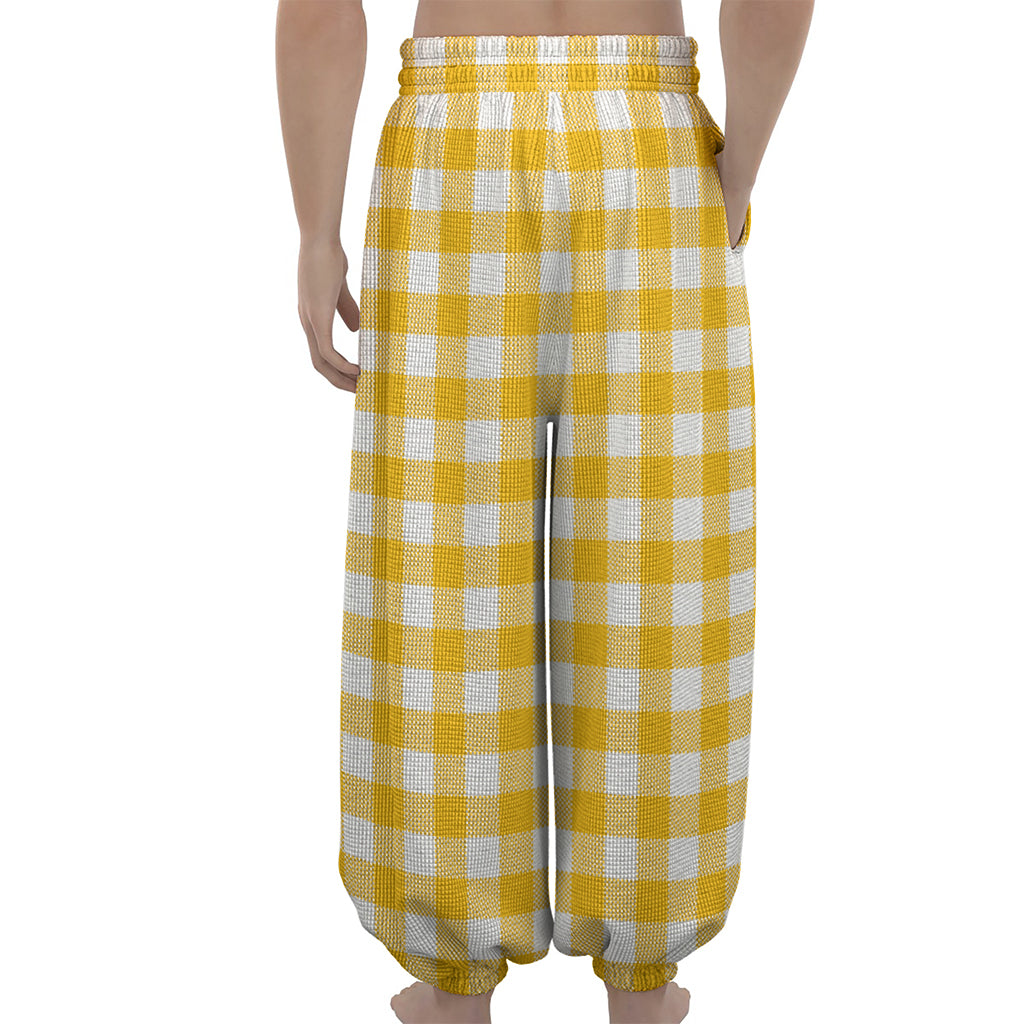 Canary Yellow And White Gingham Print Lantern Pants