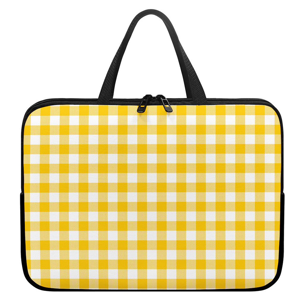 Canary Yellow And White Gingham Print Laptop Sleeve With Handle
