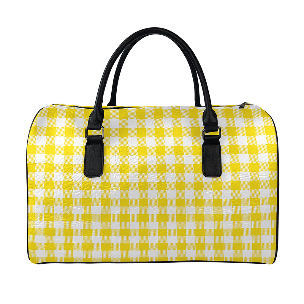 Canary Yellow And White Gingham Print Leather Duffle Bag