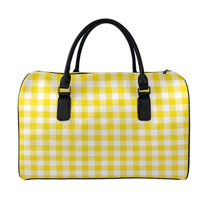 Canary Yellow And White Gingham Print Leather Duffle Bag