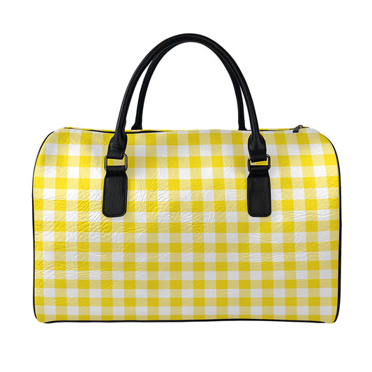 Canary Yellow And White Gingham Print Leather Duffle Bag