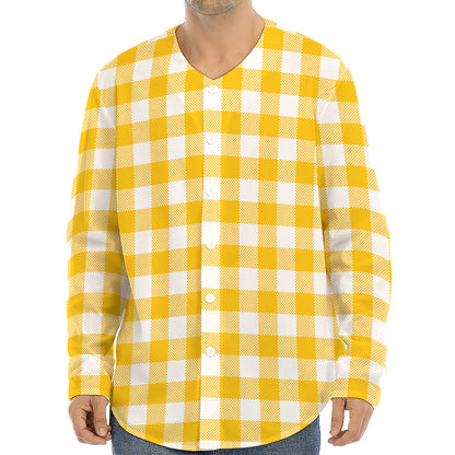 Canary Yellow And White Gingham Print Long Sleeve Baseball Jersey