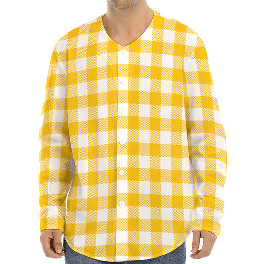 Canary Yellow And White Gingham Print Long Sleeve Baseball Jersey