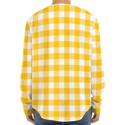 Canary Yellow And White Gingham Print Long Sleeve Baseball Jersey