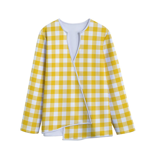 Canary Yellow And White Gingham Print Long Sleeve Short Coat