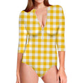 Canary Yellow And White Gingham Print Long Sleeve Swimsuit