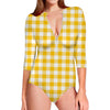 Canary Yellow And White Gingham Print Long Sleeve Swimsuit
